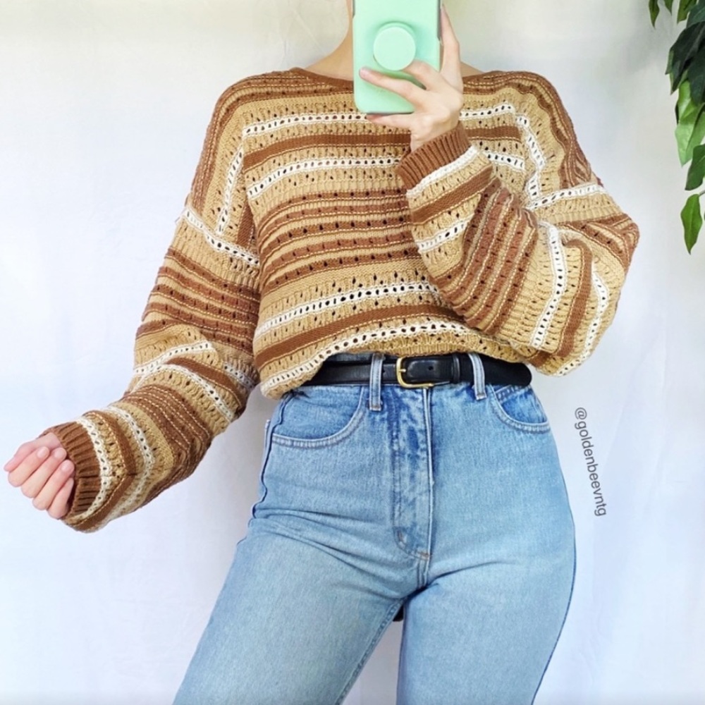 Vintage Woven Caramel Striped Cozy Retro Knit - Picture 2 of 8